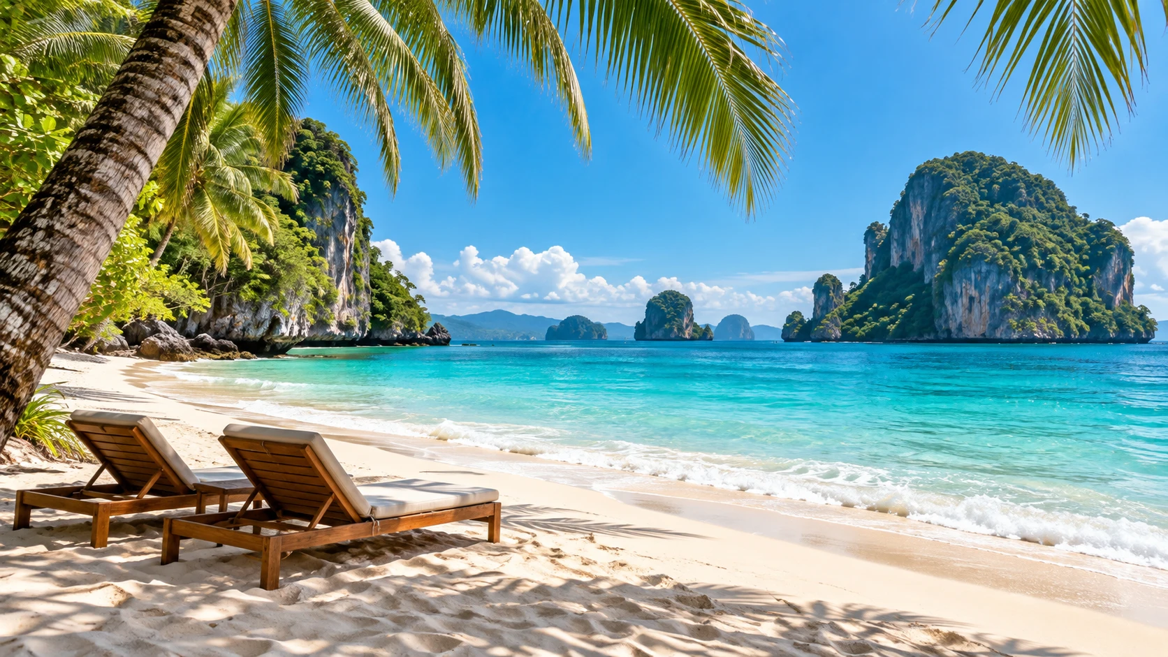 Palm-lined tropical beach with turquoise water